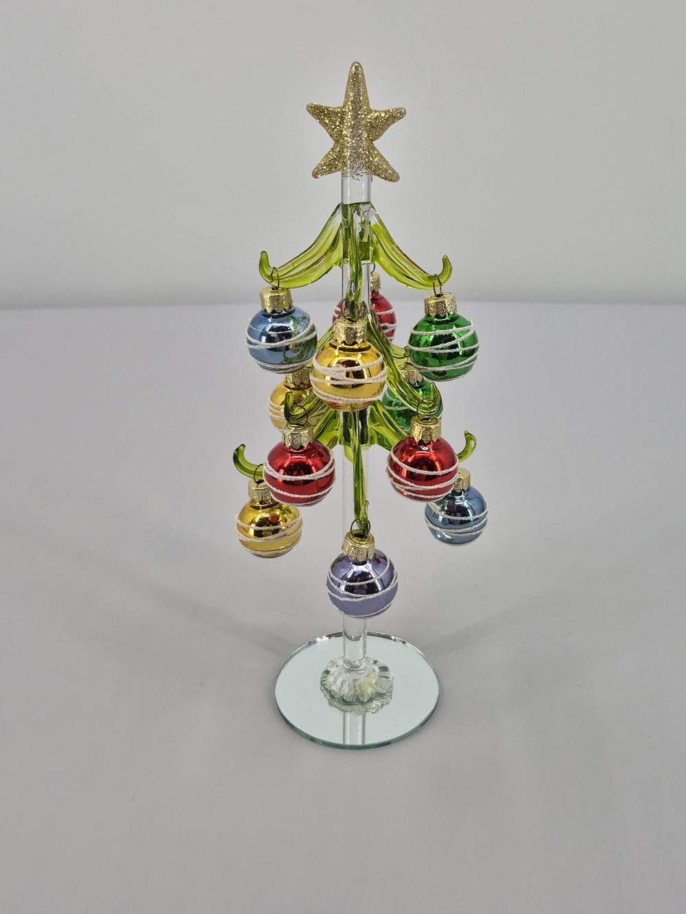 Ganz 10" Green Glass Christmas Tree W/ Mirror Base Multi Color Glass Ornaments